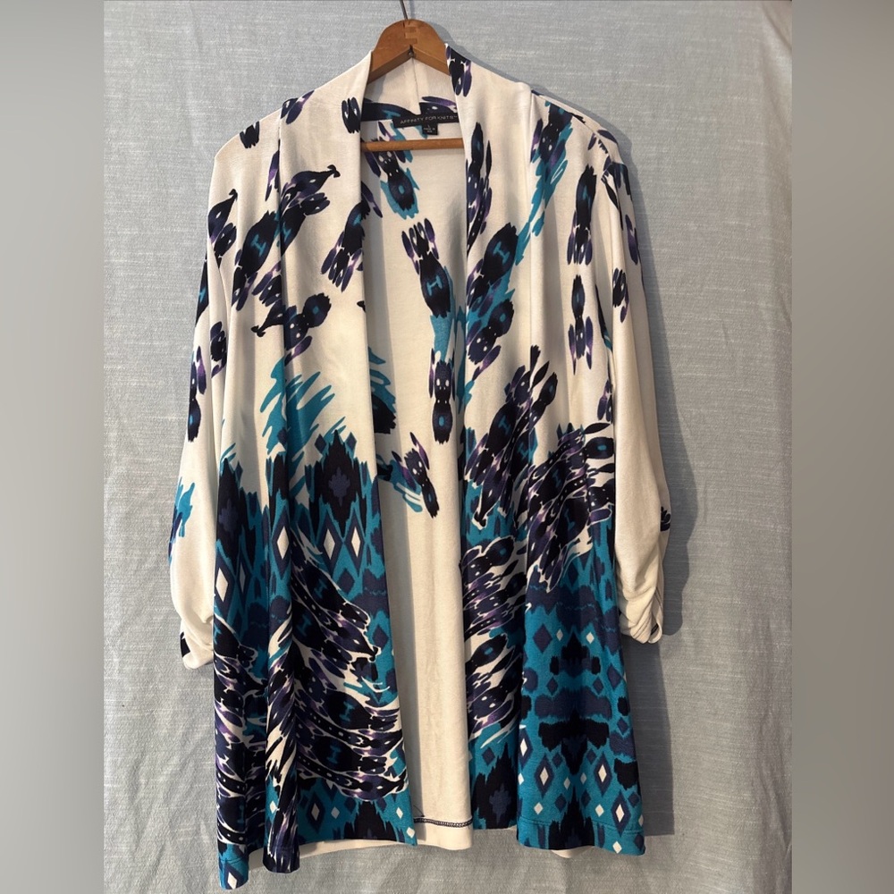 Affinity For Knits Cardigan Sweater Open White/Blue/Purple Women’s Sz L NWOT